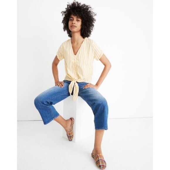 Madewell Agency Tie-Front Button Top Pompano Stripe Bayside Warm Honeysuckle SM - Picture 2 of 12